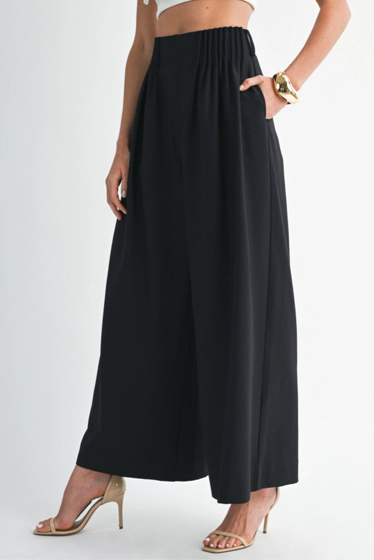 Night Glam Black Pleat Adorned Wide-Leg Trouser Pants