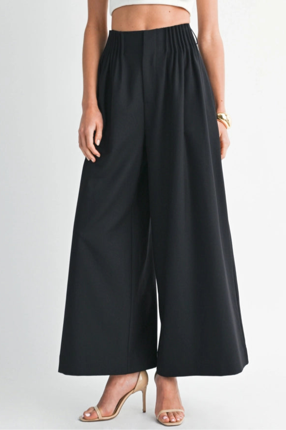 Night Glam Black Pleat Adorned Wide-Leg Trouser Pants