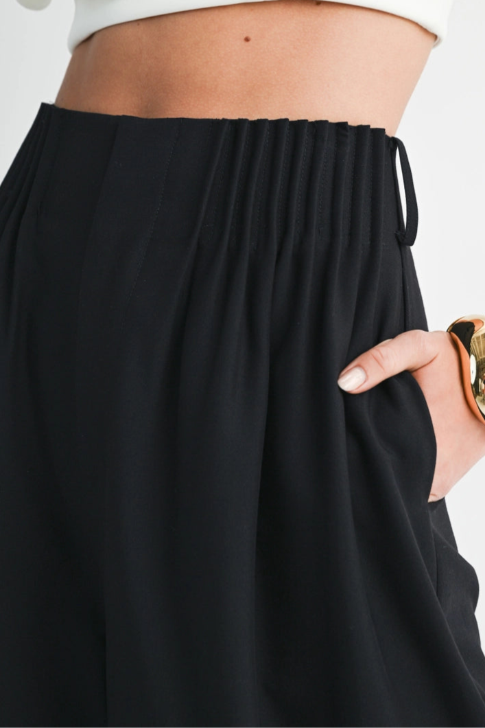 Night Glam Black Pleat Adorned Wide-Leg Trouser Pants